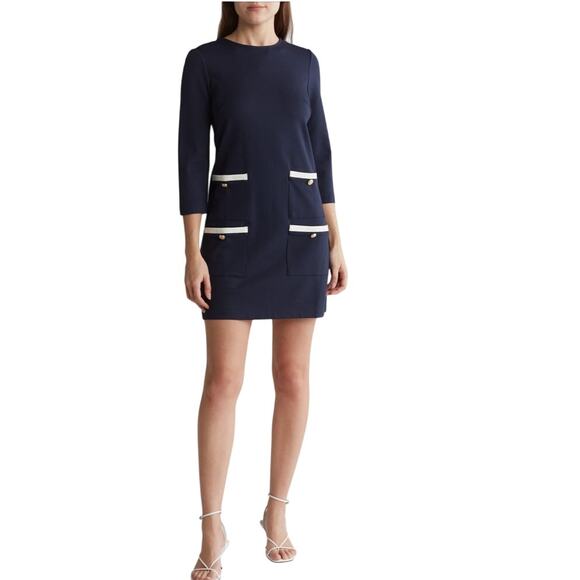 Eliza J Double Pocket Shift Dress Tailored Seams Stretch Navy Blue Size 8 NWOT - Picture 1 of 8